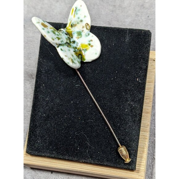 Vintage Ceramic Butterfly Stick Pin Mottled White And Green Glaze - Picture 4 of 6